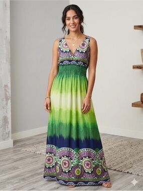Boho Silk Blend Mandala Print Maxi Dress XXL Smocked Waist Green Ombre Festival